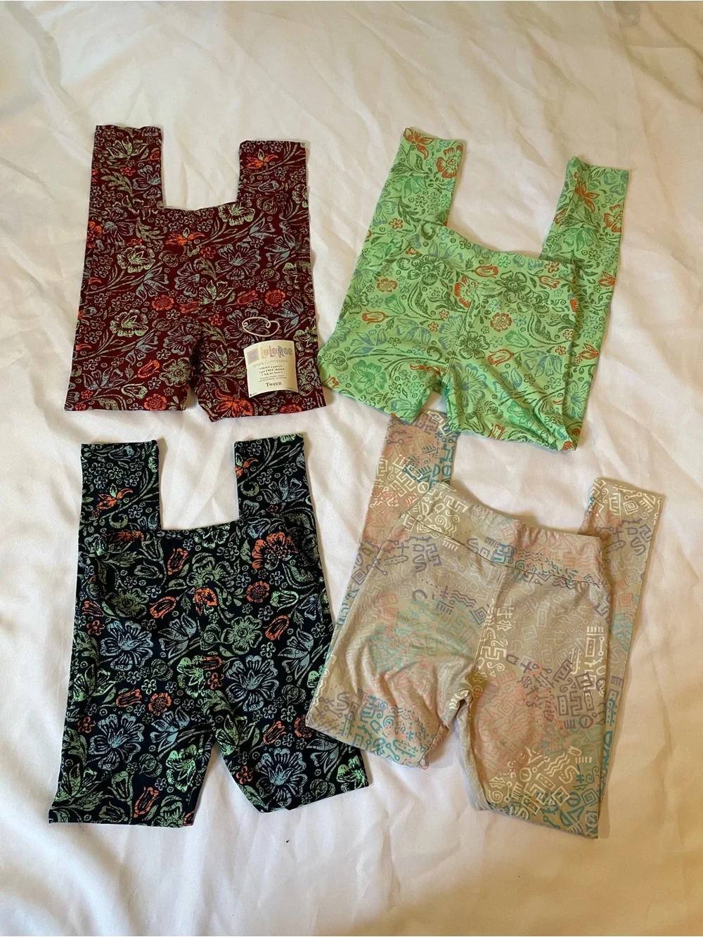 LuLaRoe Kids Leggings 4-set in Burgundy, Mint, Black, and Beige, Size Tween (XL)